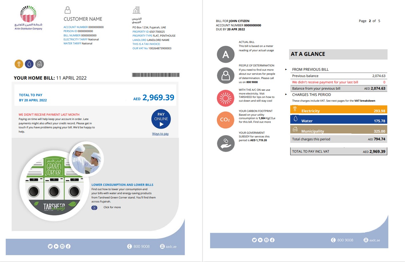 UAE Fujairah Al Ain Distribution Co. Word and PDF utility bill template (5 pages) 1 2